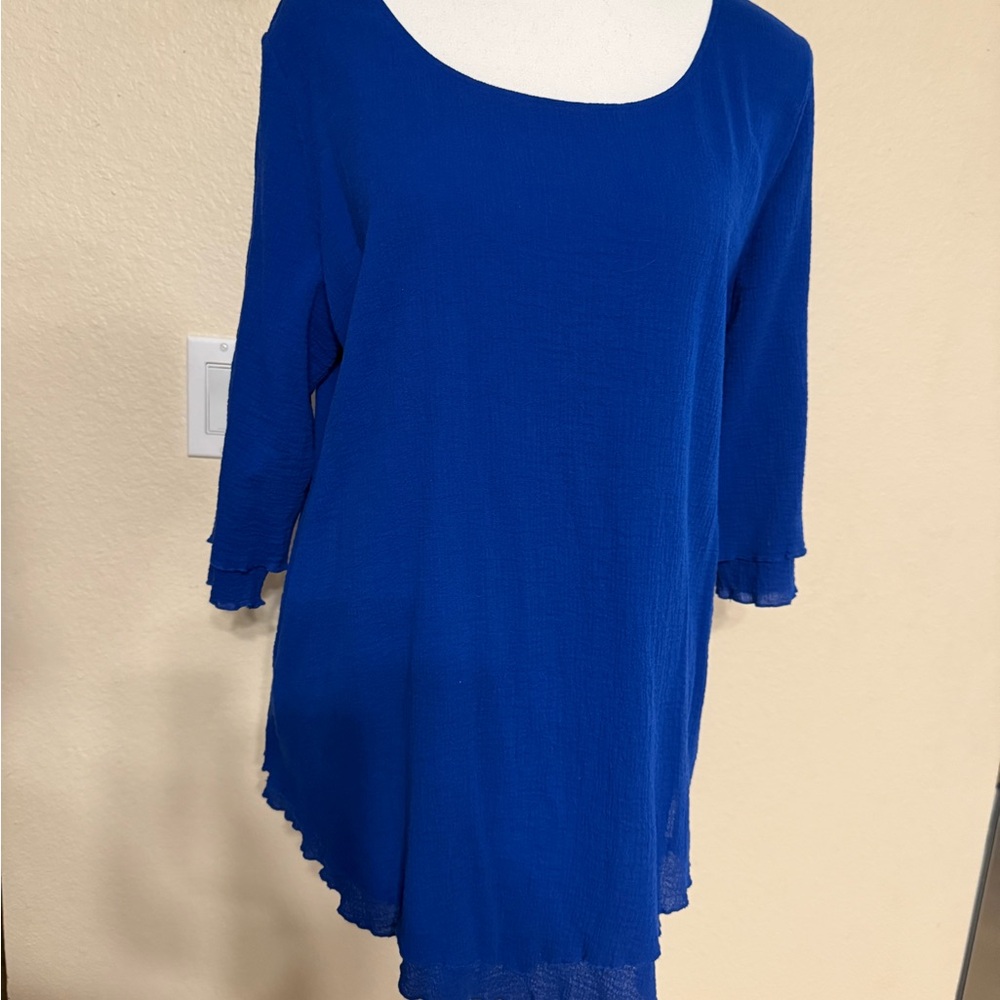 Soft Surroundings Blue Double Layer 3/4 Sleeves Cotton Siesta Tunic Pointed Hem